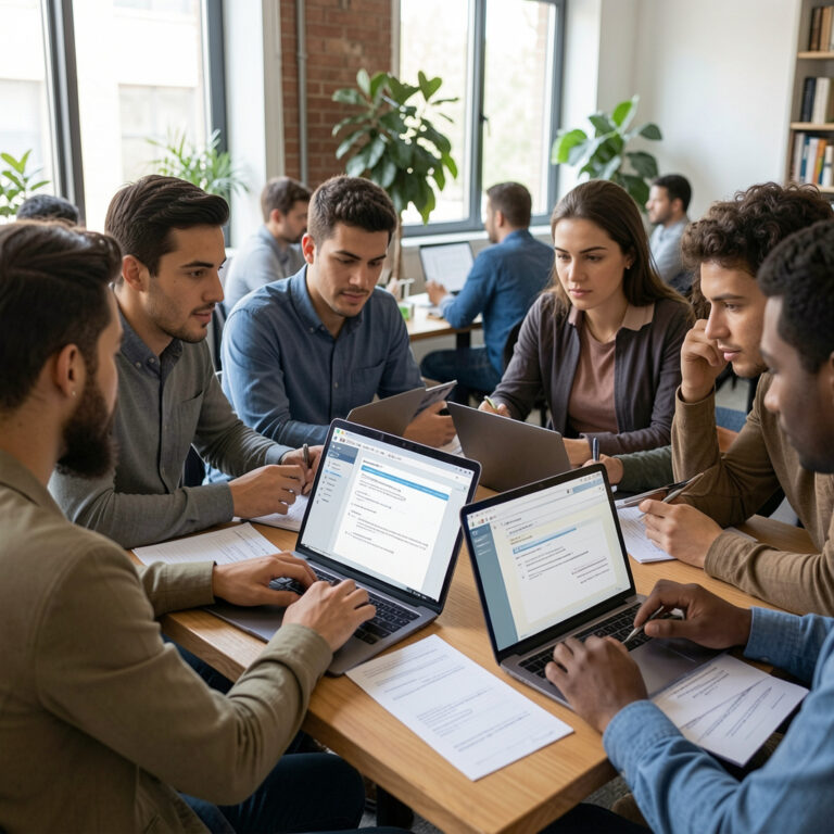 Equipe diversa revisando contratos e documentos em laptops â€” due diligence documental