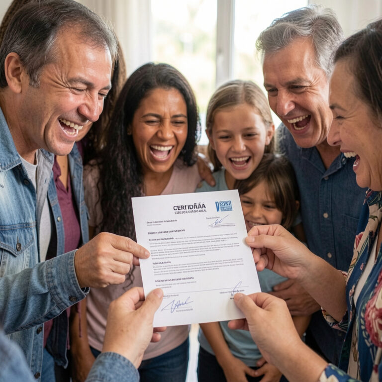 FamÃ­lia reunida sorrindo ao receber segunda via de certidÃ£o