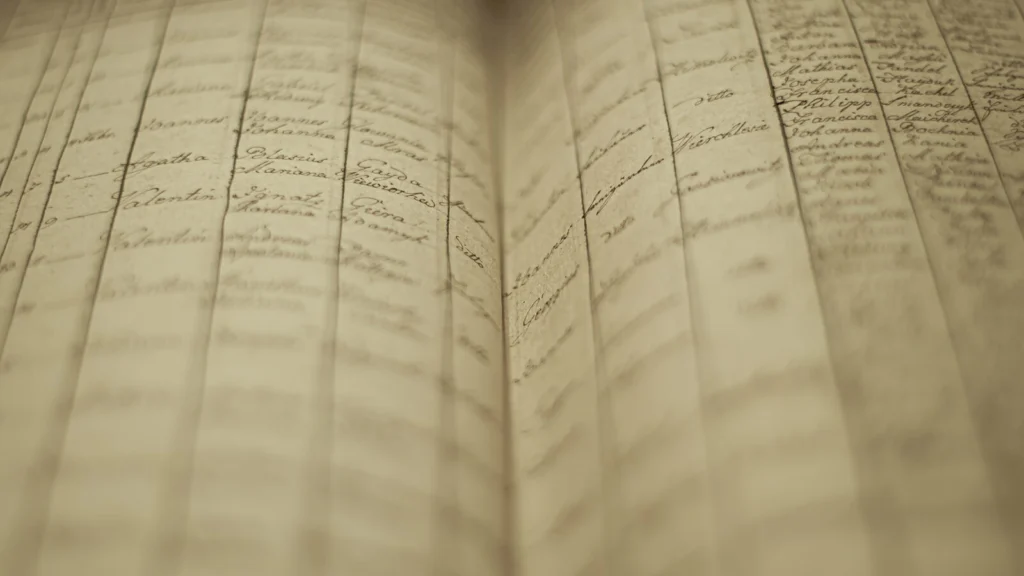 Livro de registro antigo aberto, com nomes manuscritos em colunas, como os que guardam o inteiro teor de uma certidão